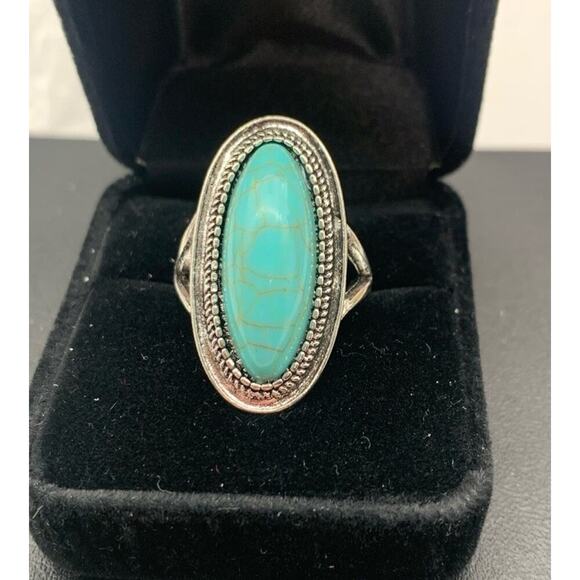 Silver Tone & Faux Turquoise Boho Western Southwestern Costume Statement Ring 9 - Picture 1 of 5